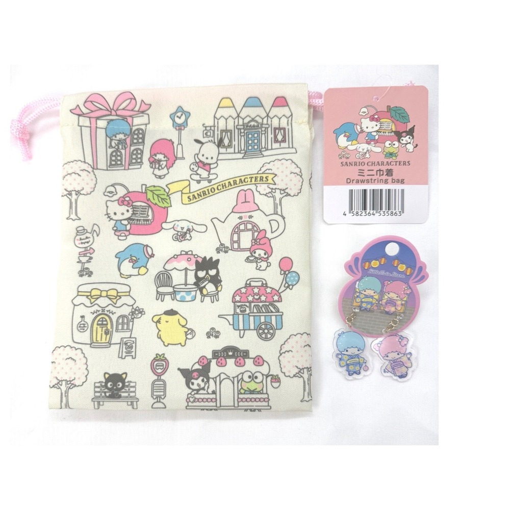 Sanrio Characters Drawstring Bag & Little Twin Stars Earrings Gift Set Japan New